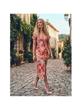 For Love and Lemons Beth Midi Dress Floral Lace Cold-Shoulder Front Slit M